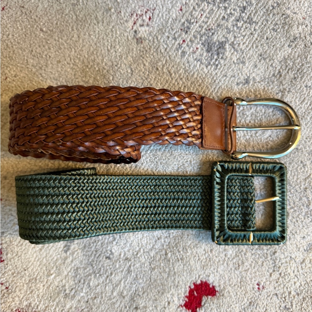 Michael Kors Brown Leather Belt and a Green Woven Belt- Medium